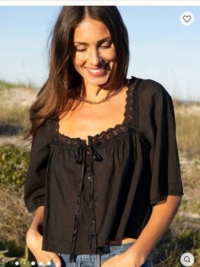 NATURAL LIFE Black Button-Down Lace Trim Peasant Top
